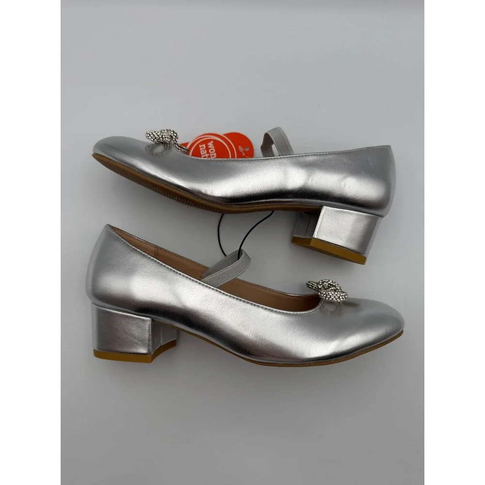 Wonder Nation Girls Silver Metallic Mary Jane Block Heels Sz4 Rhinestone Bow NWT